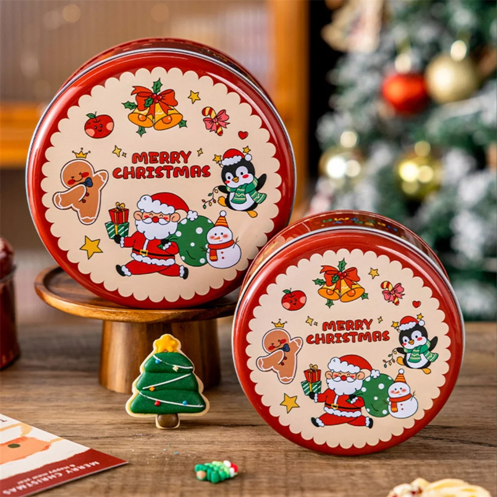 Round Christmas Tinplate Box Christmas Gift Box Metal Candy Cookie Storage Containers for Holiday Xmas Supplies Happy New Year