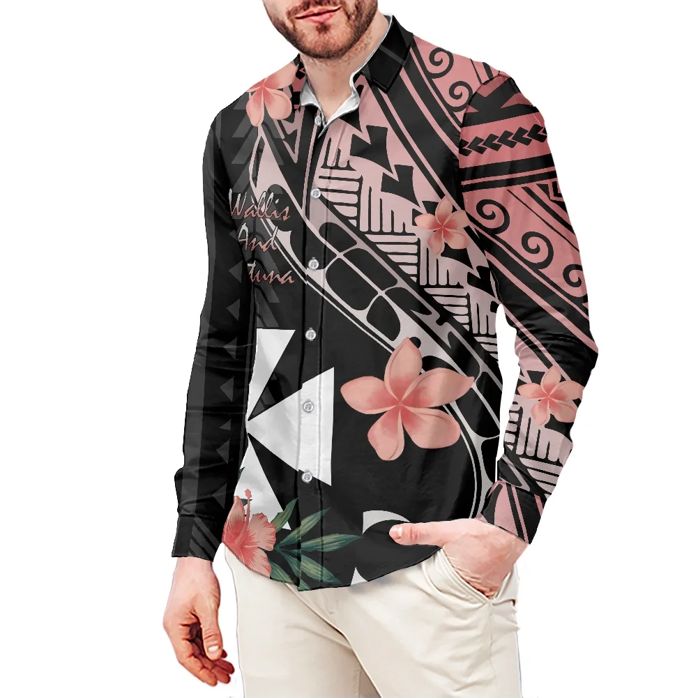 

Futuna Islands Printing Hibiscus Flower Shirt Black Bottom Plus Size Polyester Men's Shirt Spring Long Sleeves Lapel Clothing