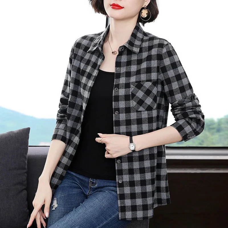 Plaid Print Casual Long Sleeve Button Up Shirts Spring Autumn Fashion Cotton Loose Top Blouse Women Blusas Mujer Clothing 2023