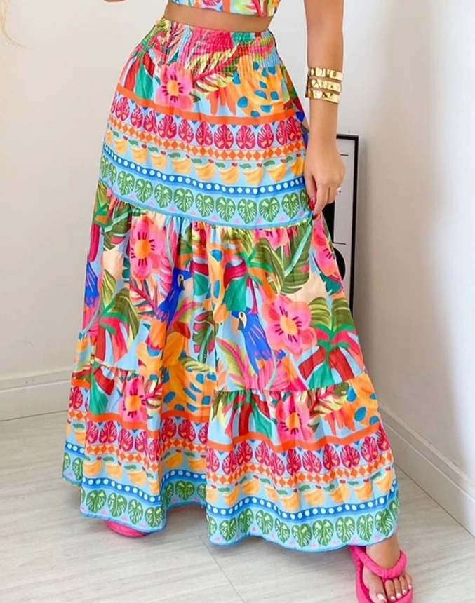 Ensemble deux pièces à imprimé tropical pour femmes, haut court à licou, jupe longue taille haute, mode vintage, vacances d\'été