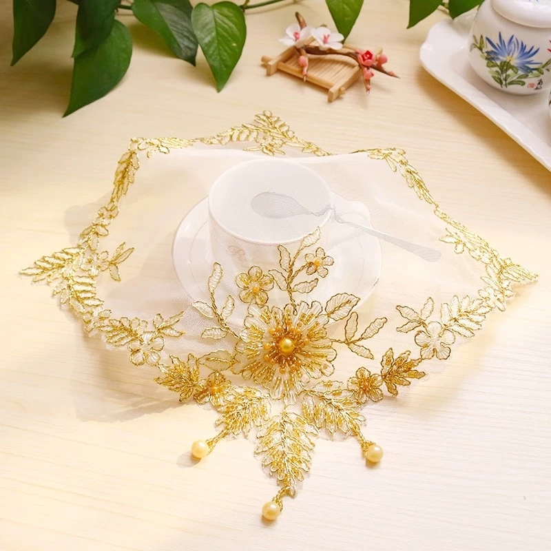 Exquisite European gold thread embroidery nail beaded square tablecloth home villa living room bedroom small round table mat