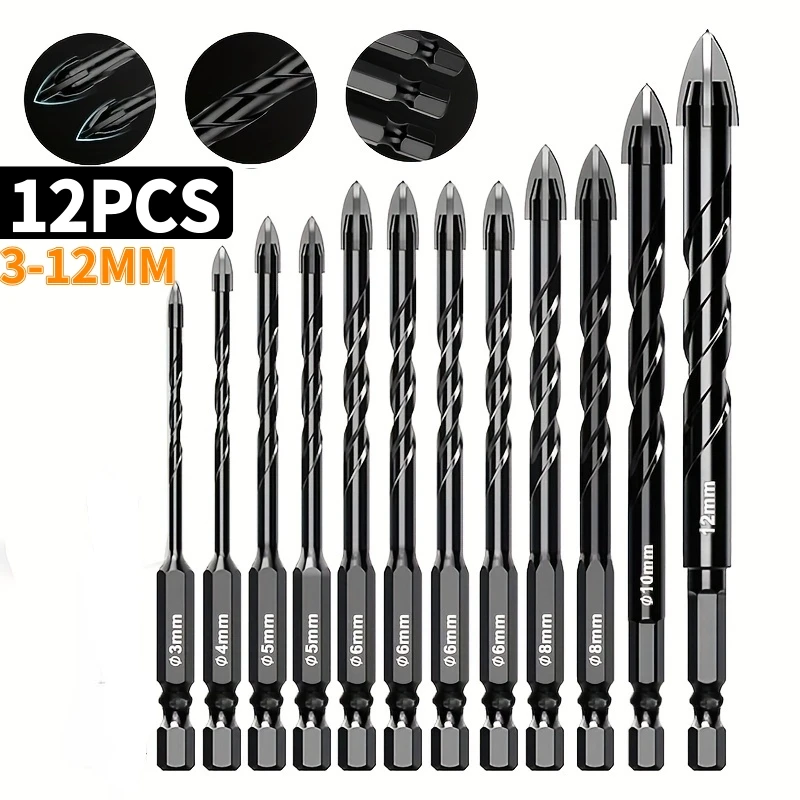 

12PCS Masonry Drill Bit For Metal Pots Bottles Ceramic Tile Glass Brick 3-12 mm Ceramic 1/4" Hex Shank Drill Bits Set Tool