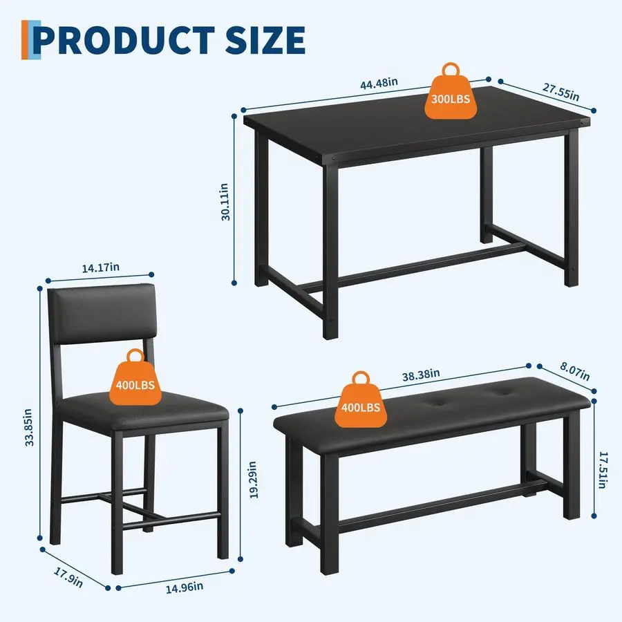 Conjunto de mesa de jantar de madeira para 4, mesa de cozinha e 2 cadeiras estofadas com banco, conjunto de sala de jantar retangular, para espaços pequenos,