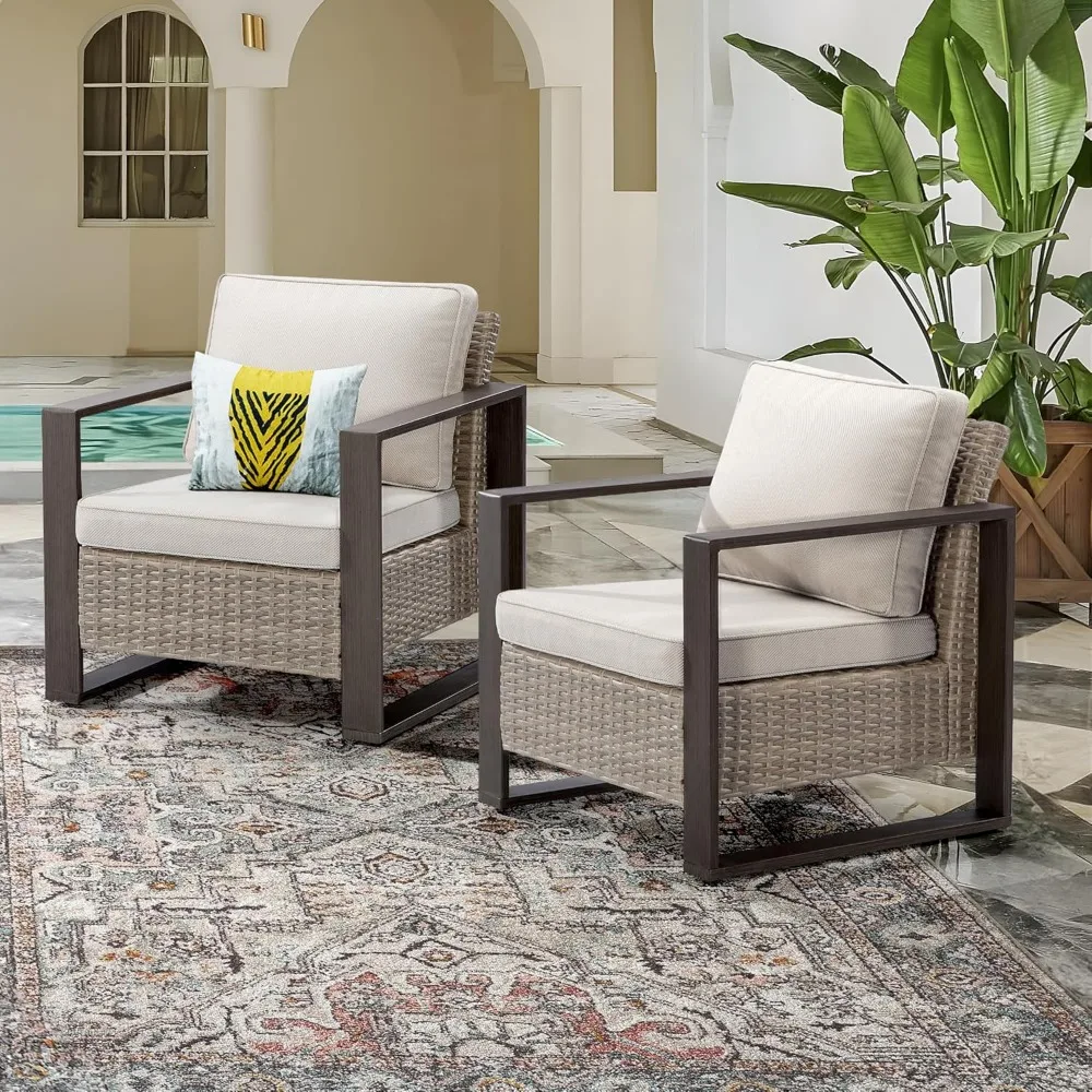 

Patio Wicker Chairs Set of 2, All Weather Outdoor Rattan Dining Chairs with Rectangular Framed Wood-Looking Metal Armrest & Fade