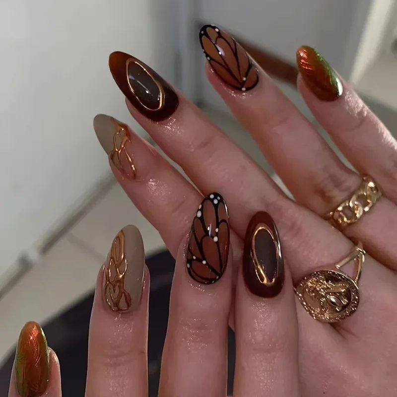 24 stuks bruin druk op nepnagels glitter coole kunstnagels pailletten slangenprint kunstnagels draagbaar amandel stiletto nageltips