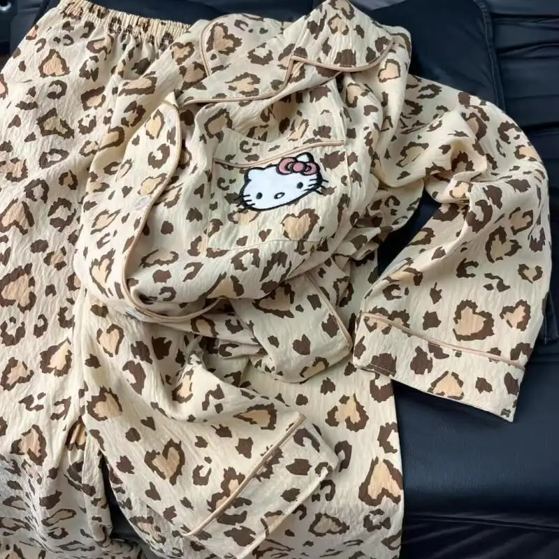 

Комплект пижам Sanrio Hello Kitty, хлопковый женский домашний комплект с леопардовым принтом, в японском стиле, с длинными рукавами и длинными брюками, весна-осень, новинка