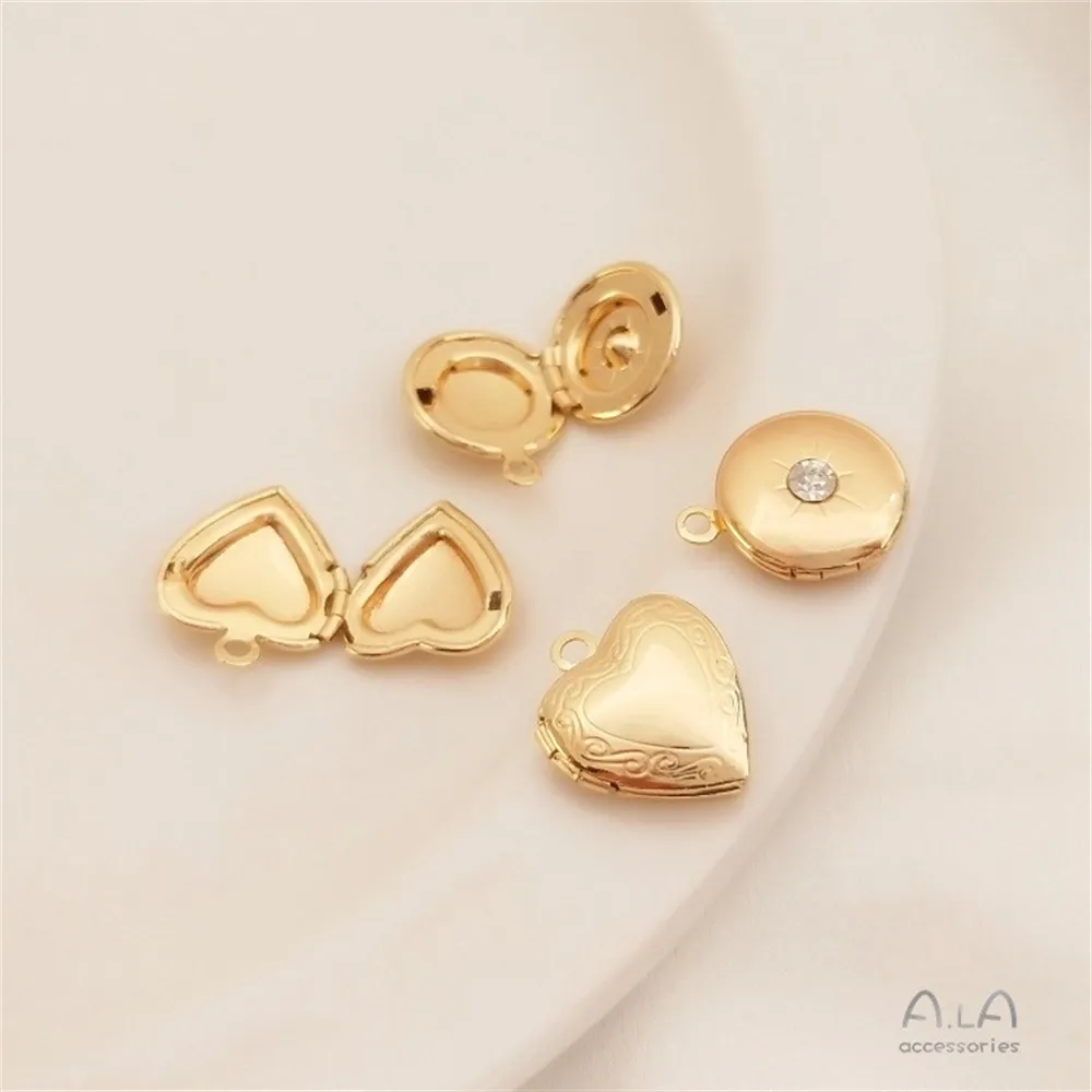 14K Gold Inlaid Zircon Circular Photo Box with Peach Heart Heart Heart Photo Frame Pendant DIY Necklace Jewelry Accessories K087