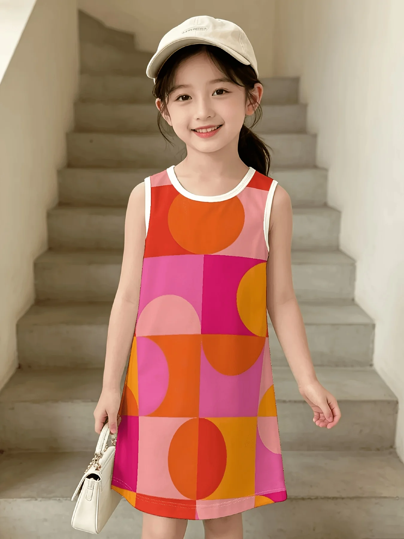 Summer Girls Sleeveless Cami Dress Cute Cartoon Cat Print Loose A‑Line Knee Length Outfit for Holiday and Casual Daily Wear