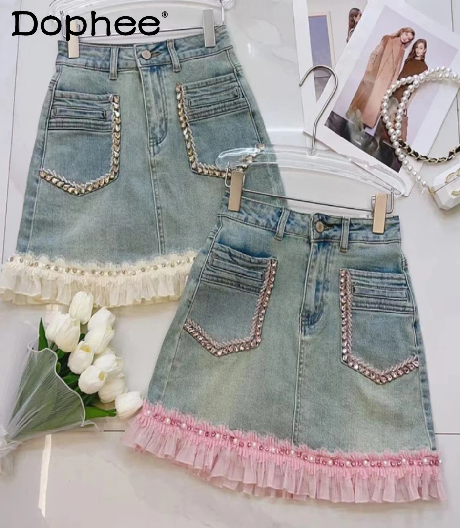 

Exquisite Rhinestone Flounced Denim Skirt for Women 2024 Summer New Kpop Style High Waist Sliding A- Line Hip-Wrapped Skirt