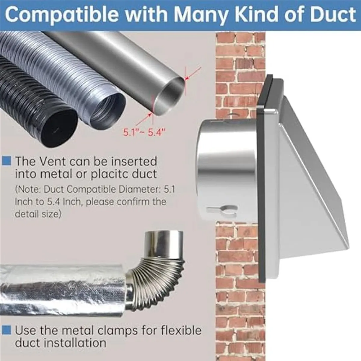 ABKM 4In Dryer Vent Cover Outdoor Wall with Cushioned Non Return Flap,External Extractor Wall Vent,Stainless Steel Vent Cover