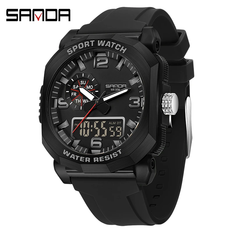 

SANDA мужские спортивные электронные часы с двойным дисплеем времени, ночник, военные водонепроницаемые светодиодные цифровые мужские кварцевые часы