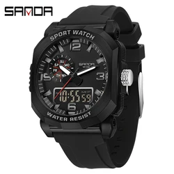 SANDA Men Outdoor Sports Electronic Watch Dual-Time Display Timing Nightlight Military Waterproof LED Digital Men's Quartz Watch
