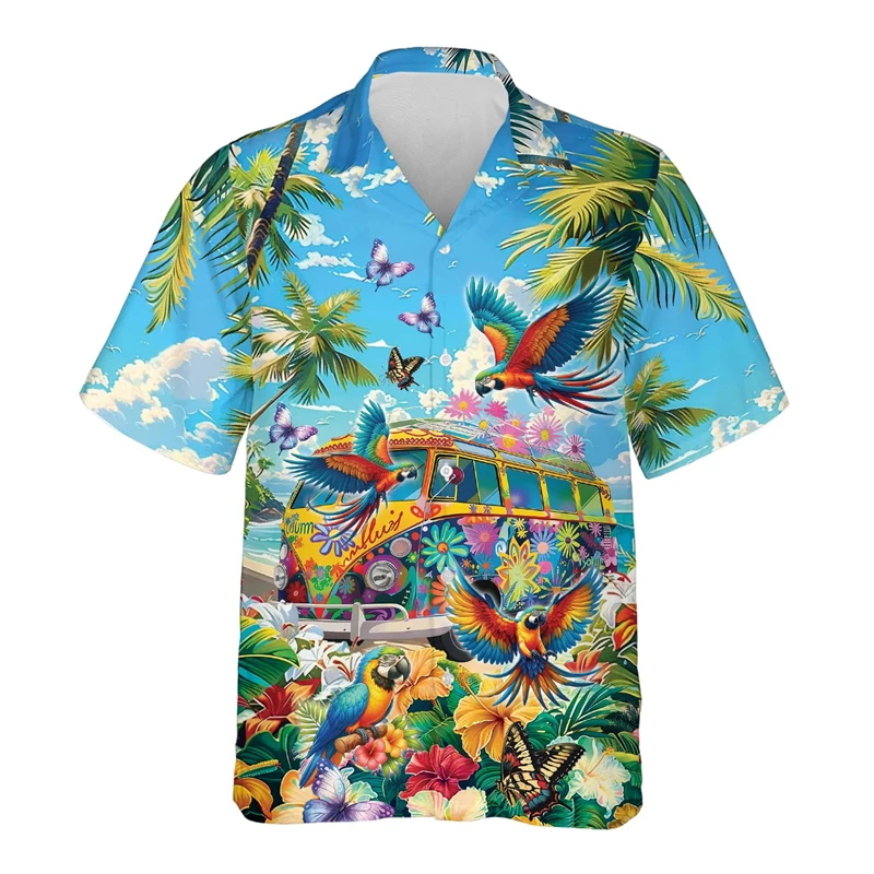 

Man Hawaiian Hippie Bus Bird 3D Printed Shirts Aloha Vacation Flamingo Graphic Shirt For Men Clothes Lovebird Toucan Blouses Top