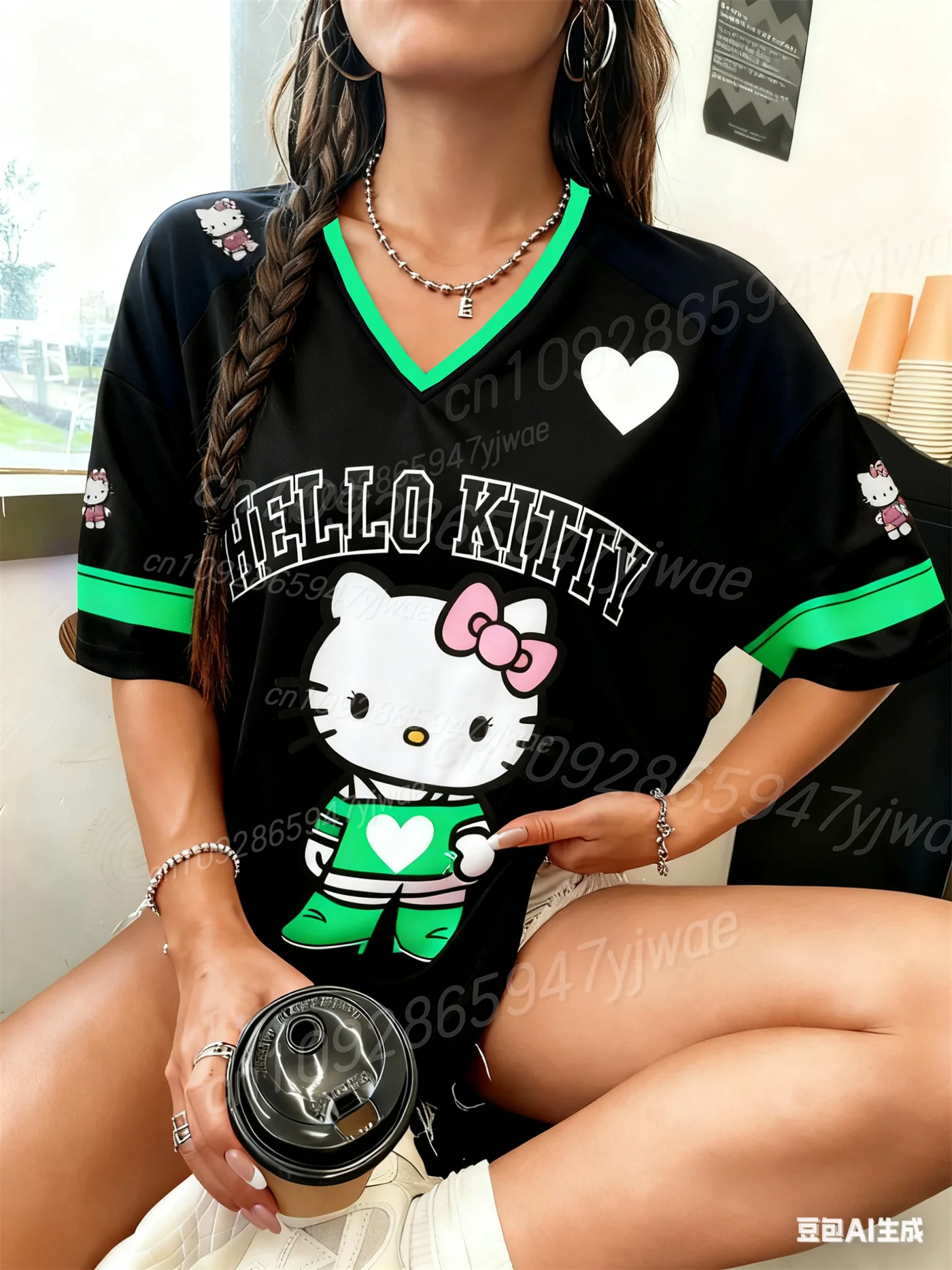 المرأة مرحبا كيتي مطبوعة الجرافيك تي شيرت المألوف قمصان كرة القدم قصيرة الأكمام الخامس الرقبة فضفاضة الشارع الشهير الخريف تي شيرت #5