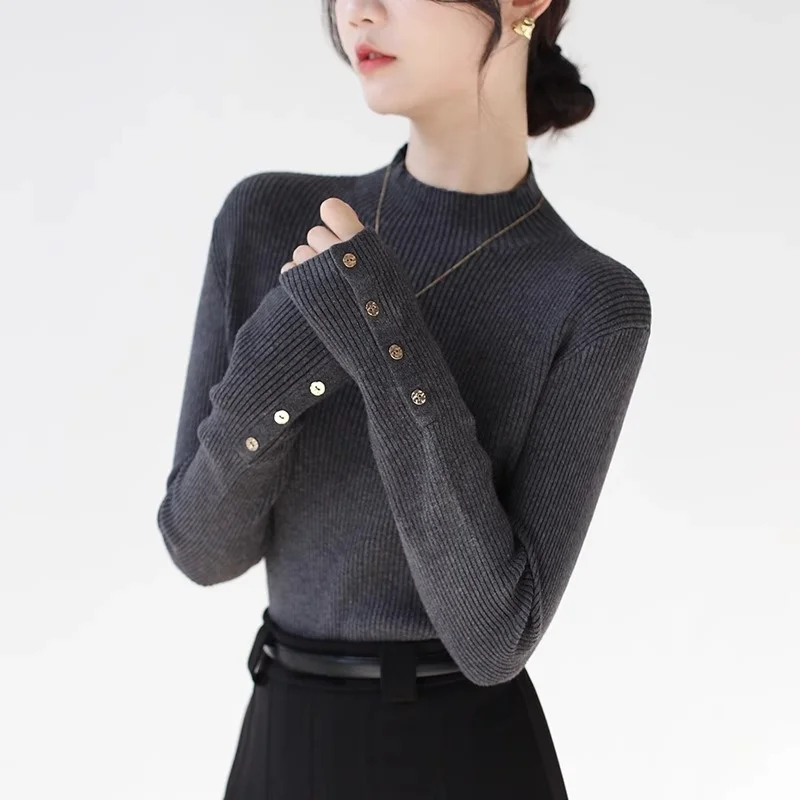 

Elegant Deep Grey Half High Neck Knitted Sweater Women's Fashionable Innerwear Base Shirt Commute Style Thick Polyester Fiber