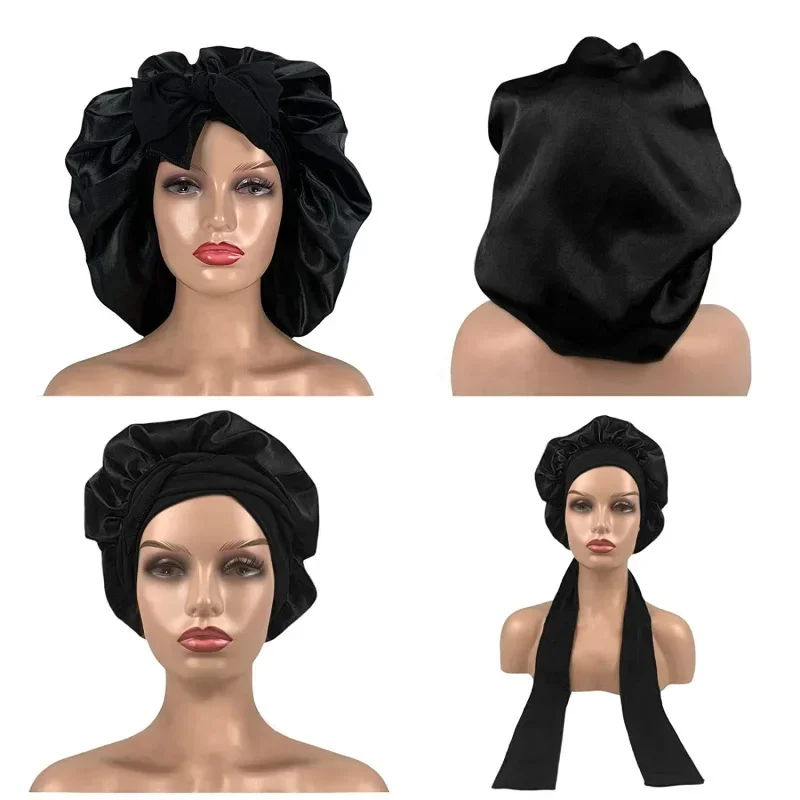 Satin Night Hat Hair Fashion Sauna Bonnets with Elastic Strap Shower Caps for Women Bathroom Accessory