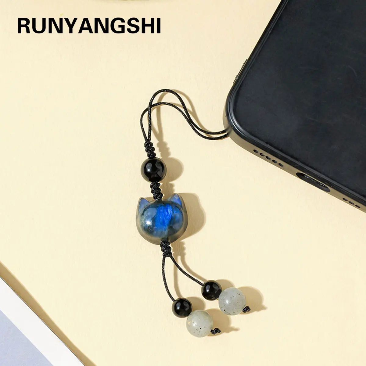 1PC Natural Labradorite Cat Crystal Pendant - Healing Stone, Mobile Phone Decor & Yoga Energy Jewelry Gift