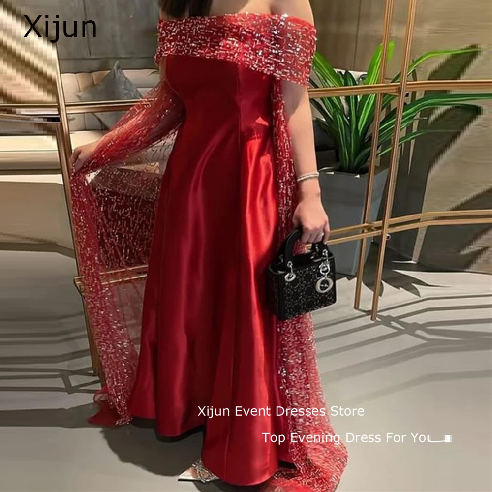 Xijun-vestido de noche rojo con lentejuelas y cuello de barco para mujer, traje de fiesta largo Formal de satén con cola de barrido, vestidos de fiesta de Arbia saudita para ocasiones