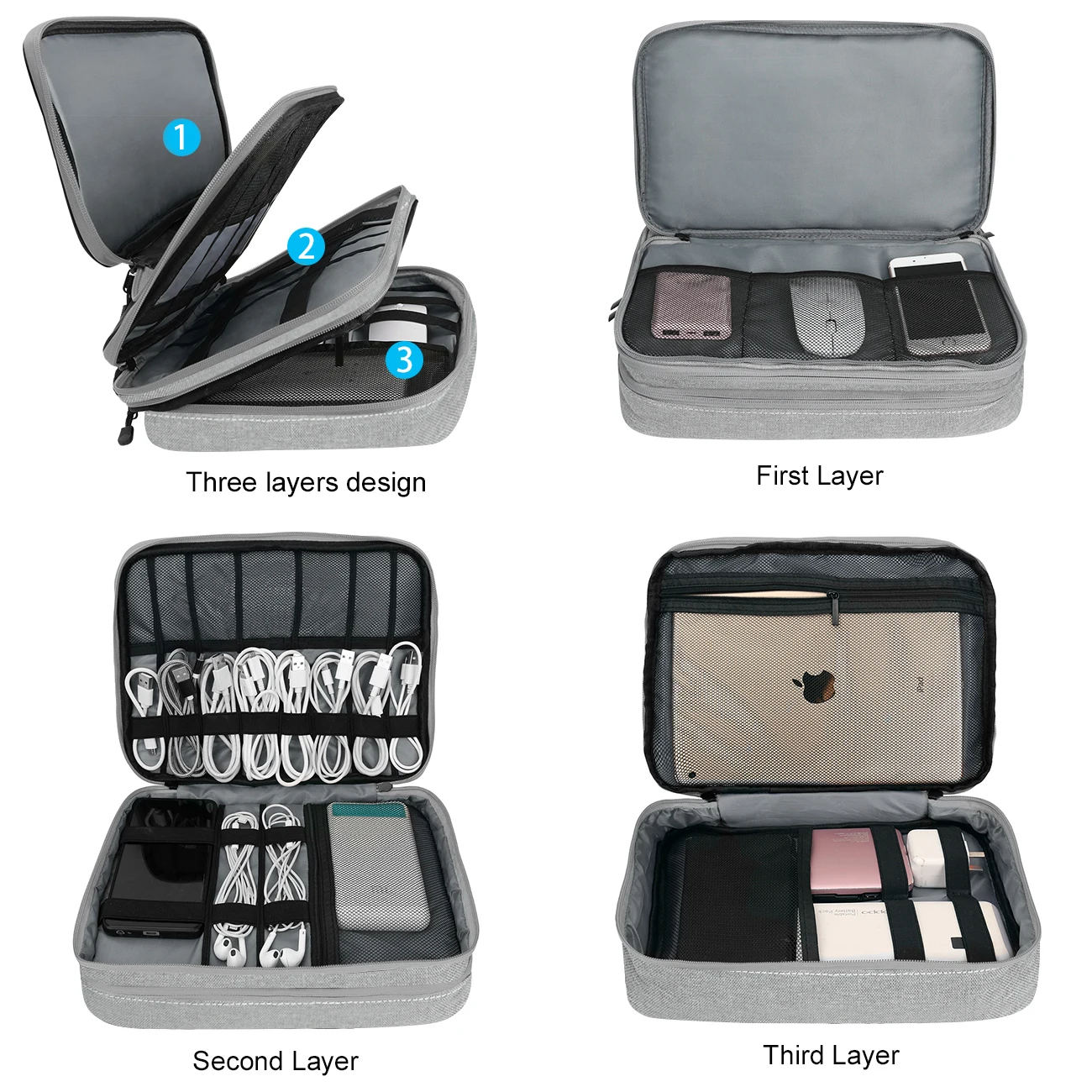 Borsa organizer per cavi da viaggio, borsa per accessori elettronici di grande capacità a 3 strati per cavi, scheda SD, caricabatterie, power bank, tablet