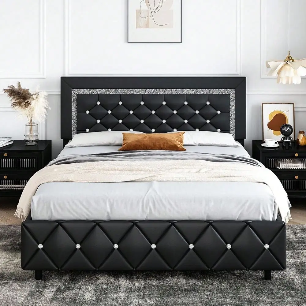 Bed Frame, Modern Platform Bed Frame With Diamond Headboard And Footboard, No Boxing Spring Needed, Easy Assembly, Black Grey Pi