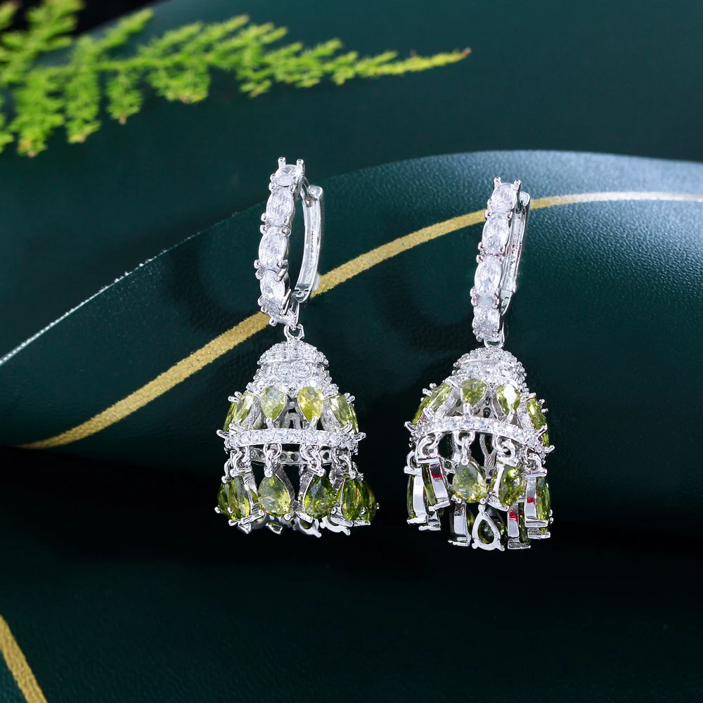 ThreeGraces Elegant Olive Green Cubic Zirconia Silver Color Long Tassel Drop CZ Hoop Earrings for Women Party Jewelry E1793