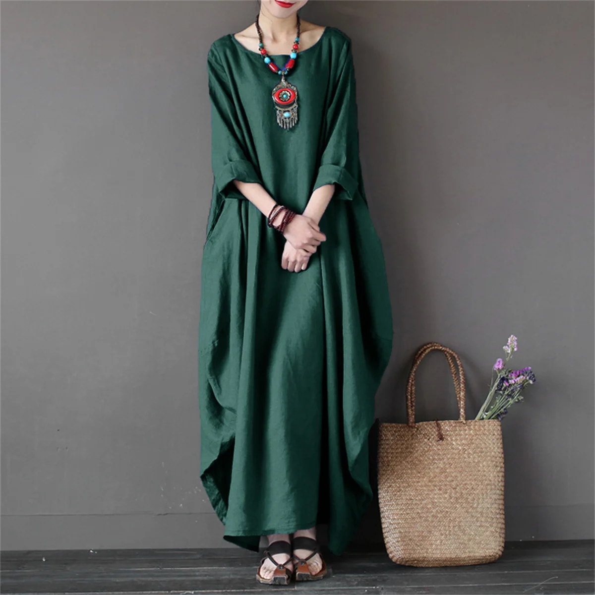 Women O-neck Loose Dresses Solid Color Seven Point Sleeve Casual Vestodis A-line Plus Size Elegant Fashion Commute Maxi Robe