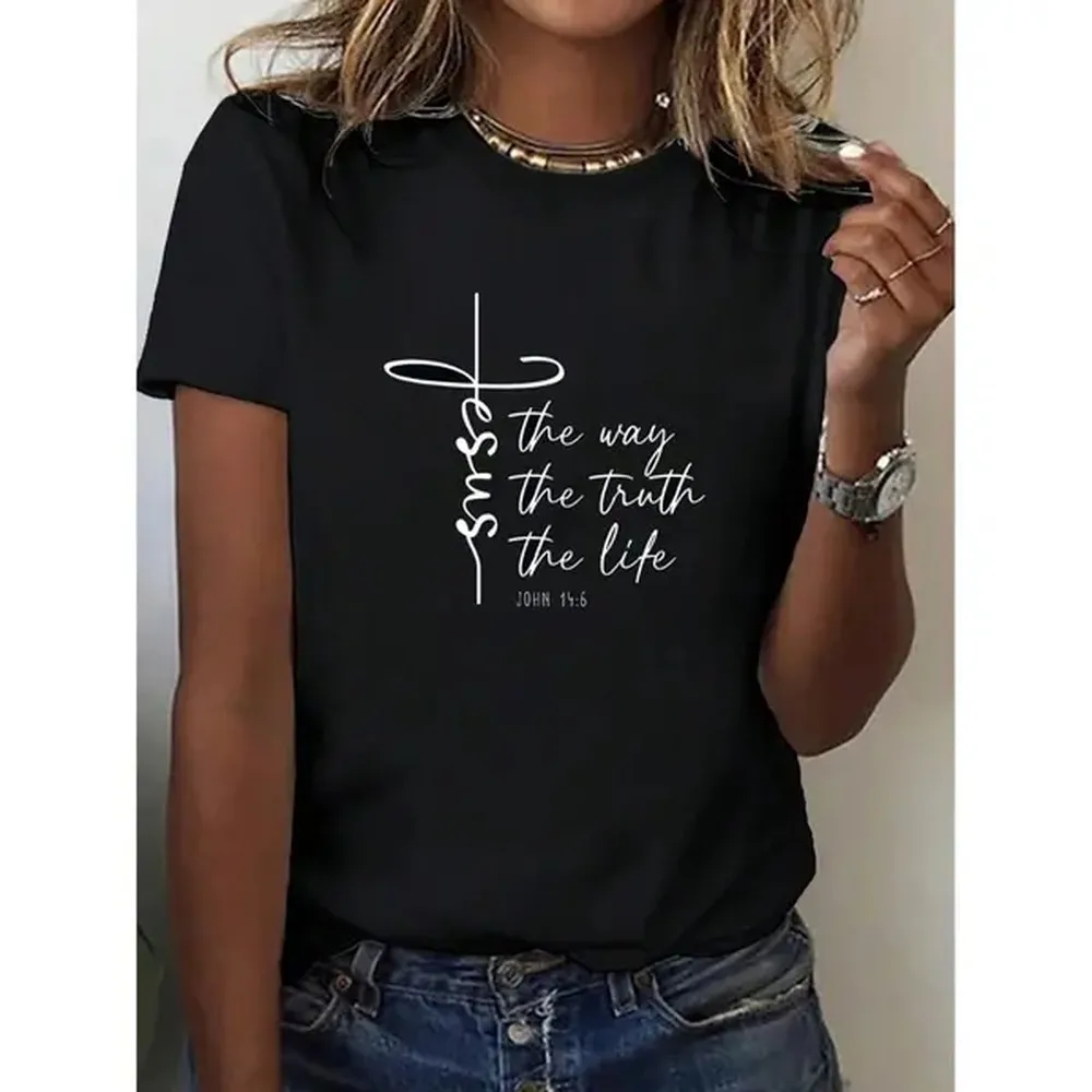 [100% Cotton] Christian Faith T-Shirt For Women & Men - Jesus The Way Truth Life Inspirational Graphic Tee, Black With White Lettering, Round Neck Short Sleeve Casual Top, Machine Washable Religious Apparel It Is Very Golf Gift T-Shirt For Men And Women