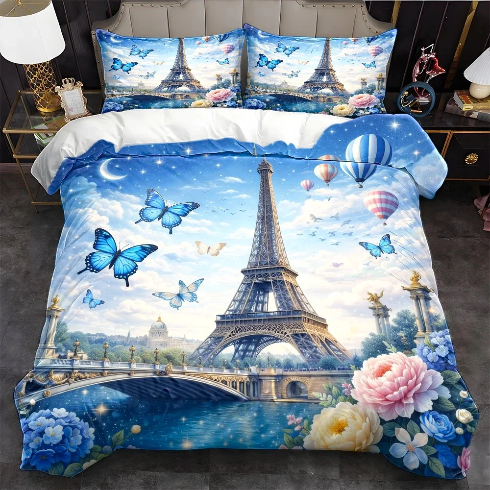 Paris Eiffel Tower Dreamy Floral Butterfly Bedding Set 2D Flat Printed Duvet Cover Set Bedding Machine Washable, Invisible Zipper, Large Duvet Cover Set, Bedding Set Quilt Cover