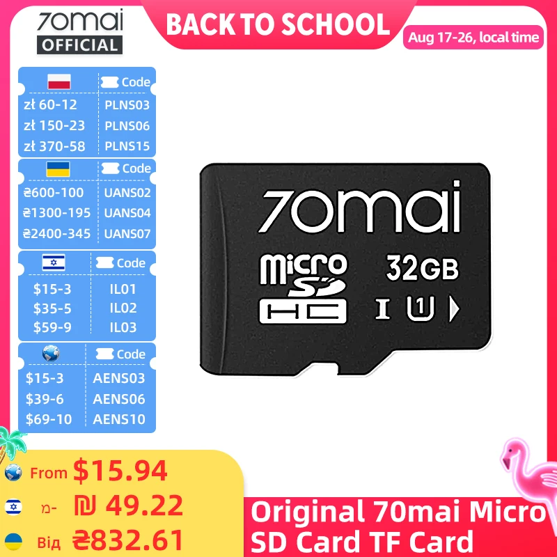 Original 70mai Micro SD Karte TF Karte UHS-3 Ebene für 70mai T800 X800 A810 A510 A800SE A800S A500S A200 70mai Speicher Karte