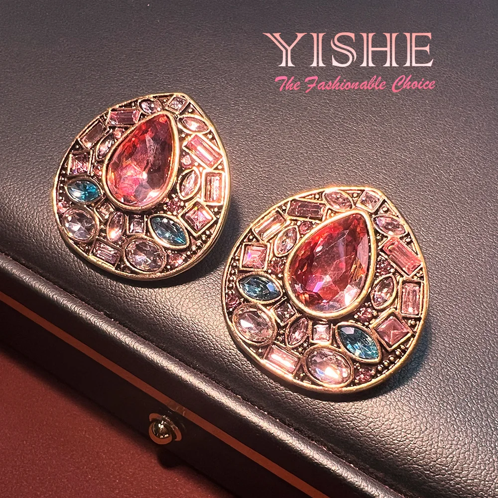 Retro colored diamond vintage geometric stud earrings, Western antiques reflow-plated real gold cross-border hot-selling high-en