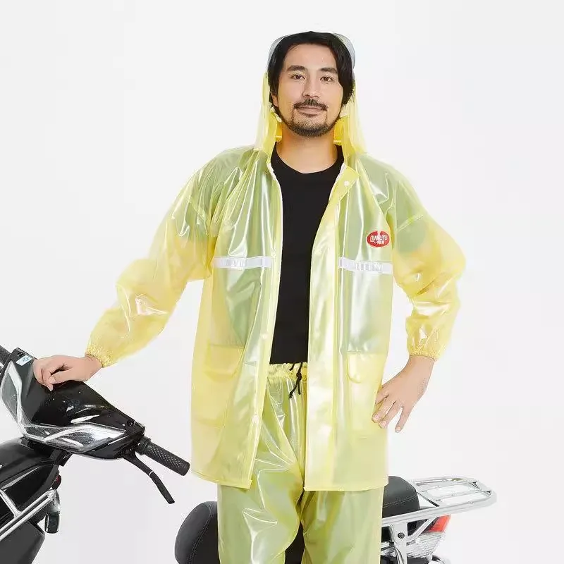 Man's Abstract Printing Waterproof See Through PVC Raincoat Hooded Loosen Rainproof Jacket Trousers Sut