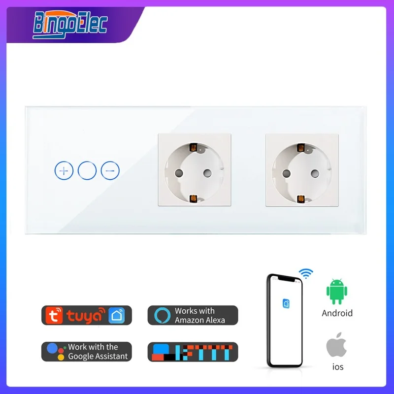 

Bingoelec Wifi Smart Dimmer Light Switches with EU Standard Wall Power Sockets Crystal Dimmable Touch Switches With Tuya App