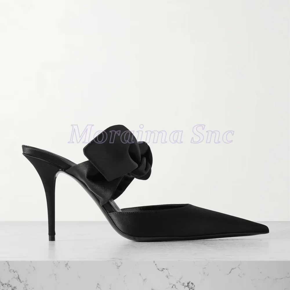 

Pointed Toe Knot Satin Mules Stiletto High Heel Slip On Black Solid Sexy Fashion Women's Slippers Summer 2025 New Outdoor Slides