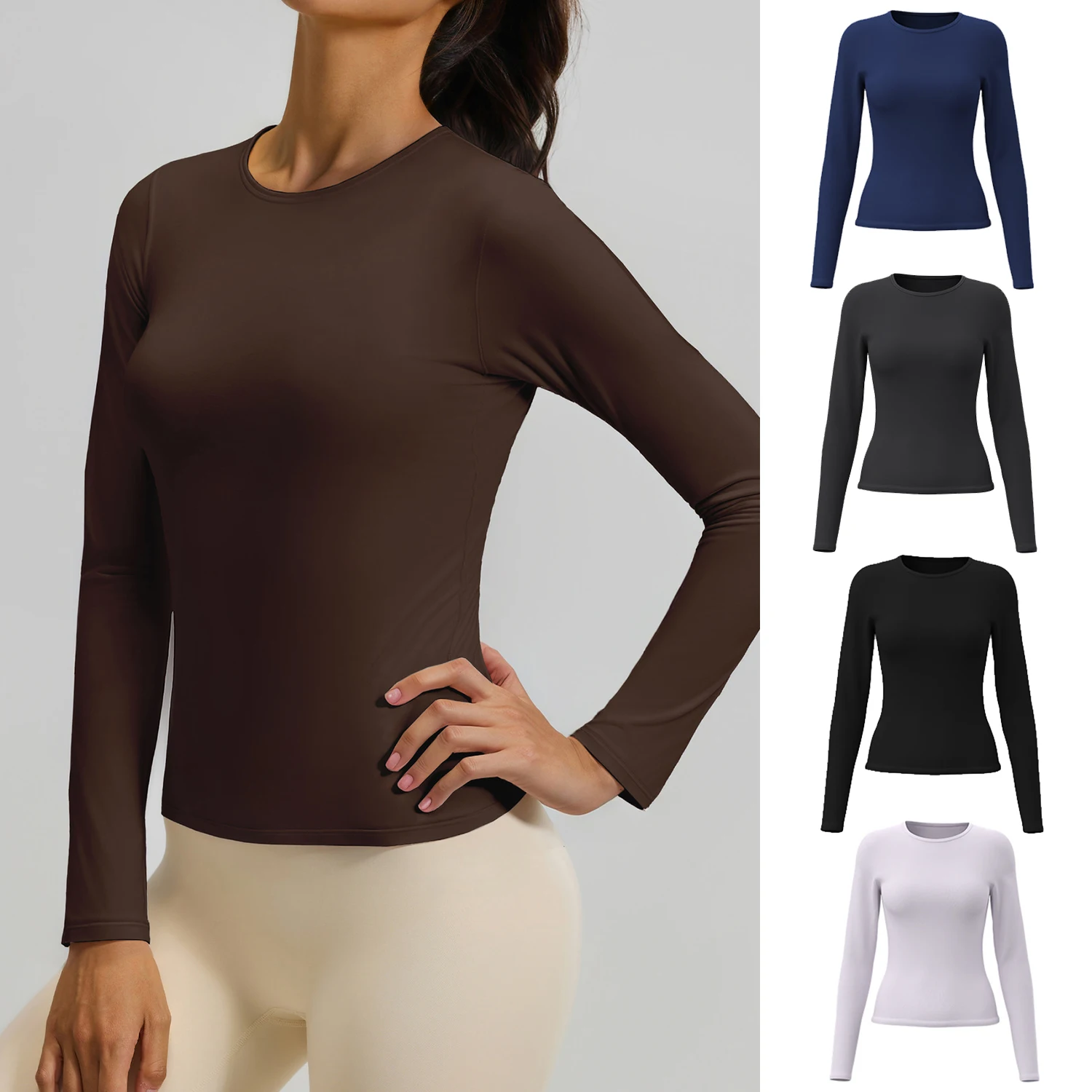 New Women's Long-Sleeve Yoga T-Shirt, Fitted Fall Layer Slimming and Sheer Look Pilates Workout Wear Sports Top in Coffee Brown