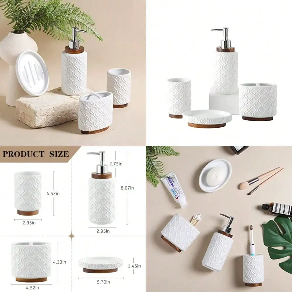 

Набор из 4 керамических аксессуаров для ванной комнаты под дерево: дозатор для мыла, подставка для зубных щеток, стакан, мыльница. Легко чистится. Дизайн «Четырехлистник».