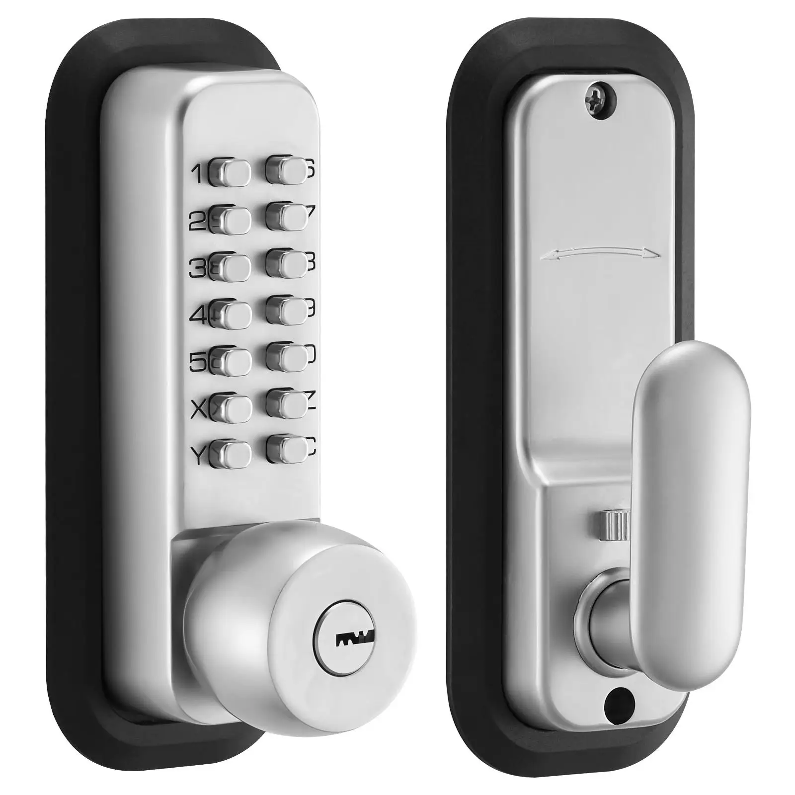 Mechanical Keyless Entry Door Lock with 2.0 Code Upgrade 4 to 7 Digits Single Sided Push Button Combination Keypad Door Knob Auto Locking for Indoor Outdoor for garden Gates Silver