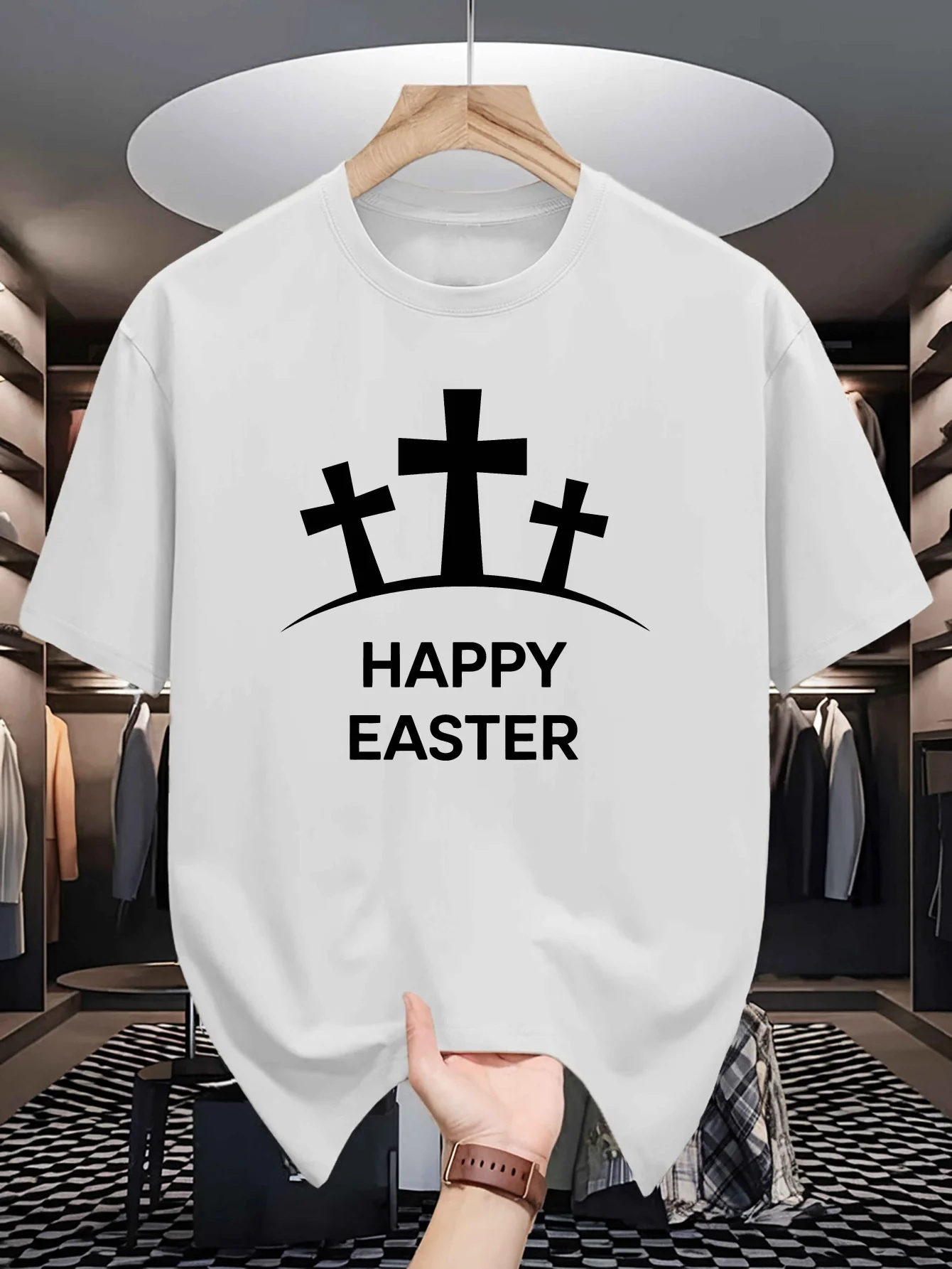 Men Mustard Crew Neck Tee Three Hill Crosses Happy Easter Bold Text Religious Christian Holiday Minimal Cotton Casual Top