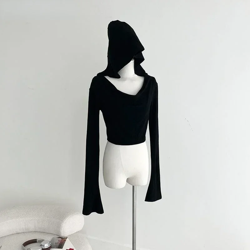 Gothic Black Tshirts for Women Y2k Crop Tops Shirts 2024 Summer Hooded Long Sleeve Tees Korean Fashion Casual Sexy T Shirt New