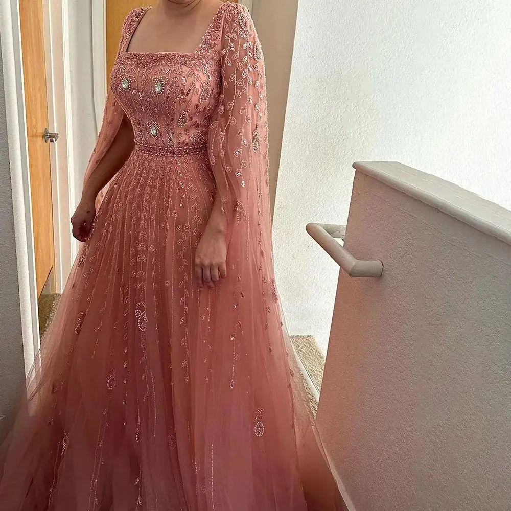 Luxury Pink Muslim A Line Wedding Guest Evening Dress Beaded Square Neck Long Sleeve Formal Prom Gown Chiffon A Line Customized