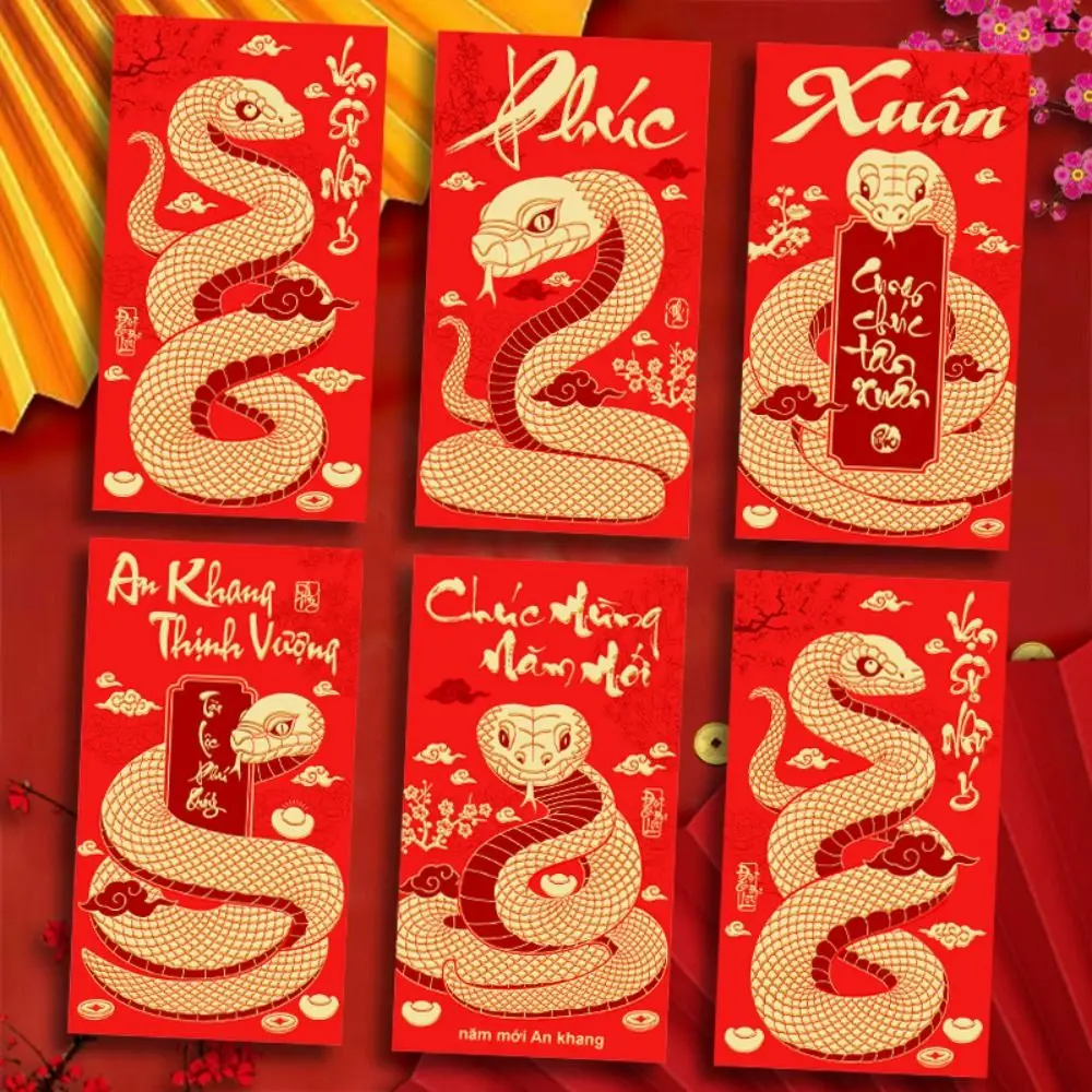 6PCS Vietnam 2025 New Year Red Envelope Blessing Spring Festival Snake Pattern Money Envelope Money Bags Best Wishes