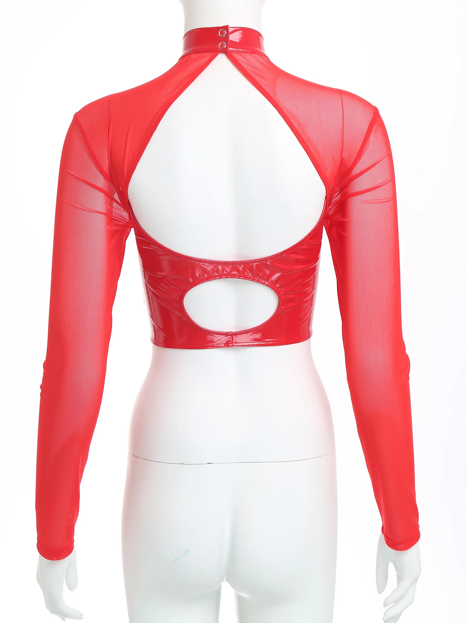 Womens Glossy PU Leather Latex Crop Top Sheer Mesh Long Sleeve Chest Hollow-Out Blouse Wet Look Pole Dance Raves Party Clubwear