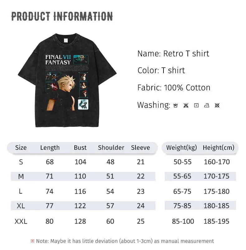 Cloud Strife T Shirt Hip Hop PC Game Final Fantasy Vii Vintage Washed Tops Tees Oversized Short Sleeve T-shirt  Man 100% Cotton