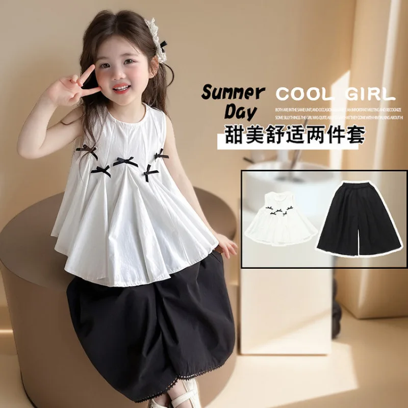 Girls' Summer Sleeveless Suit 2026 New Children's Butterfly Top Foreign Loose Wide-leg Pants Two-piece Set