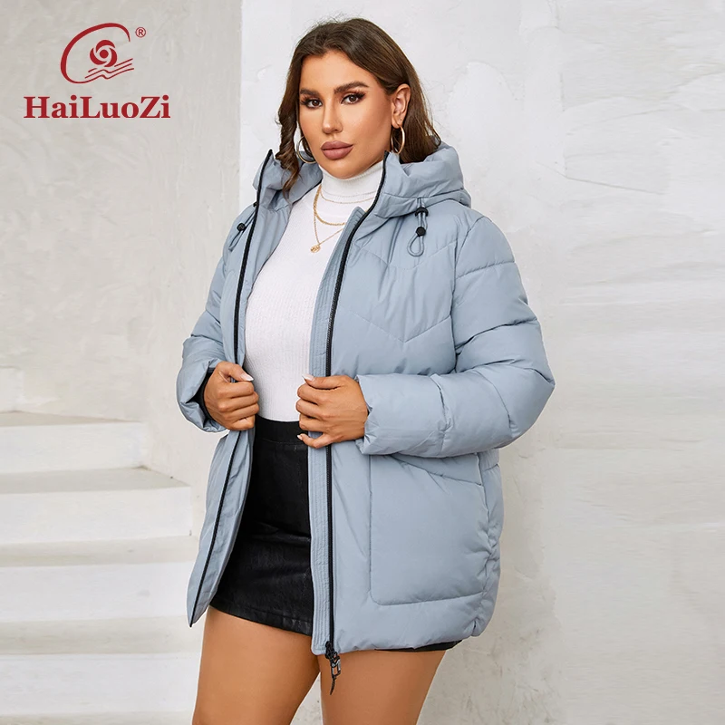 HaiLuoZi 2023 Plus Size New Women's Winter Jackets Short Warm Hooded Female Outwear Zip Up Big Pockets Quilted Coat Women 9959