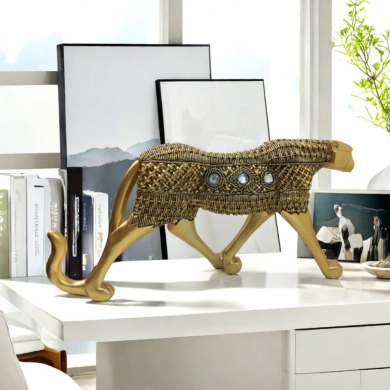 Creative Rattan Weave Leopard Figurine Resin Decor Living Room Office Model Home Ornament