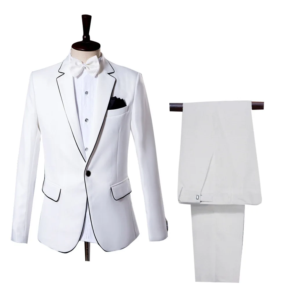 

Men's Suits White Black Laces Male Skinny Blazer Pants Sets Single Breasted Stage Party Formal Dresses Bridegroom Wedding Suits