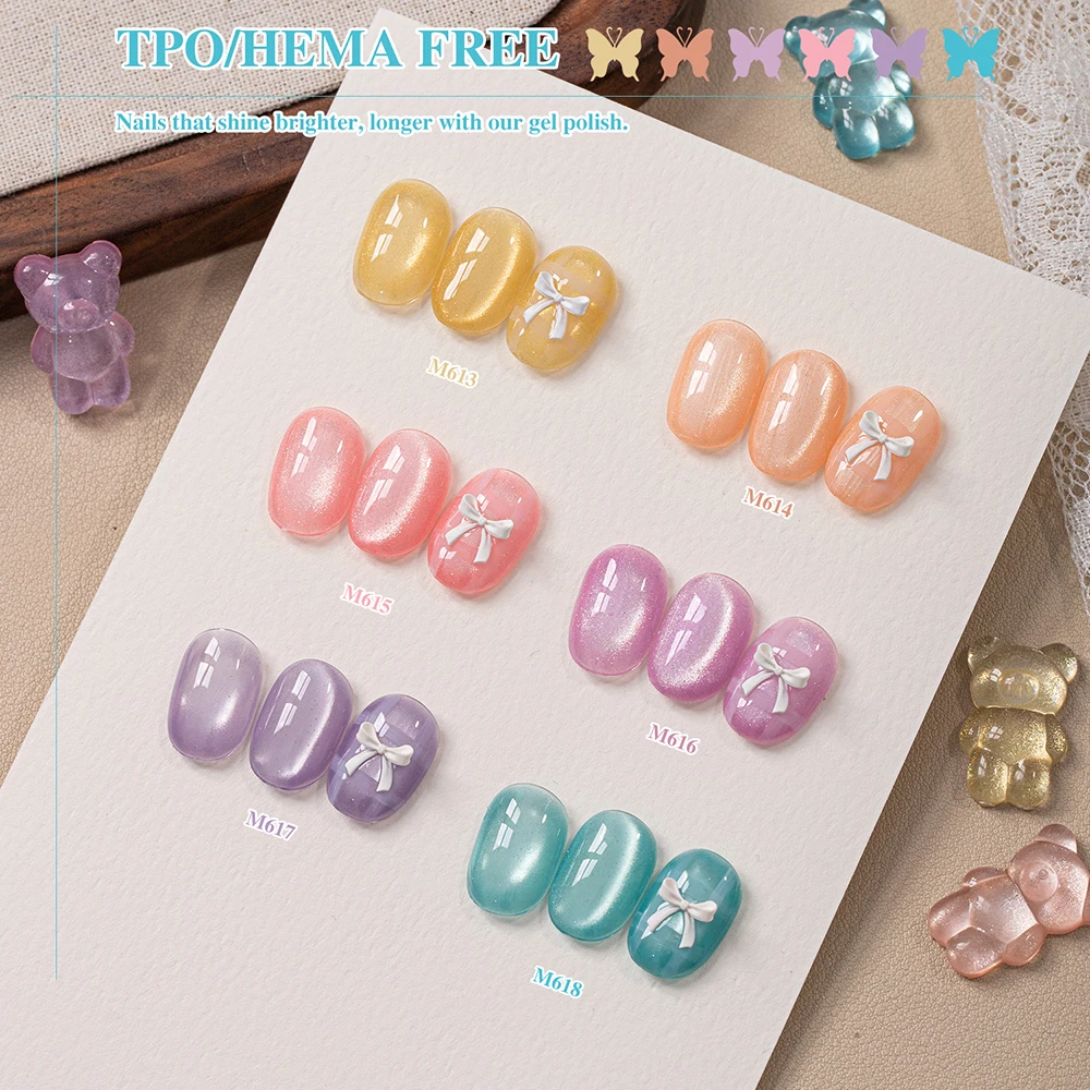 Vendeeni 6 Colors/Set Glass Bead Crystal Cat Eye Gel Nail Polish Semi Permanent Clear Jelly UV Magnetic Gel Varnish With Display