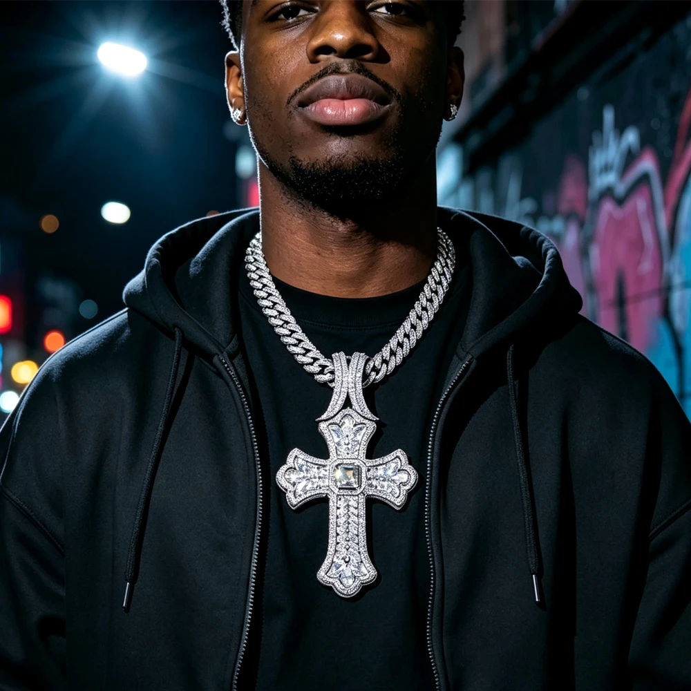 Full Diamond Cross Pendant Bright Sparkle Stone For Club Party Fine Jewelry Gifts for Men Boy Friends Rapper Jewelry Rapper Street Style Heavy Vintage Iced Out Gothic Cross Pendant Full Paved Cubic Zirconia 18K Gold Electroplated Hip Hop Bling Cuban Chain