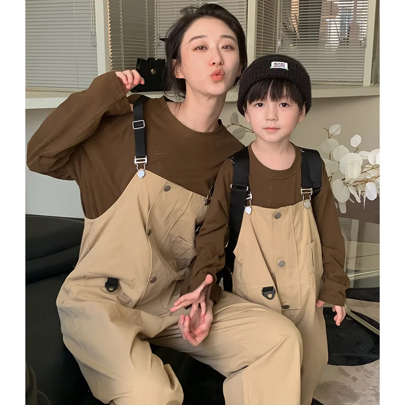 

2024 Mother and Daughter Overalls Set Mom Son Matching Jumpsuit Parent Child Outfit Mommy and Children Autumn One Piece Clothing