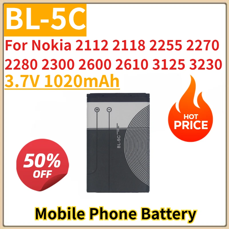

Новый сменный аккумулятор для мобильного телефона 3,7 В 1020 мАч BL-5C для Nokia 2112 2118 2255 2270 2280 2300 2600 2610 3125 3230